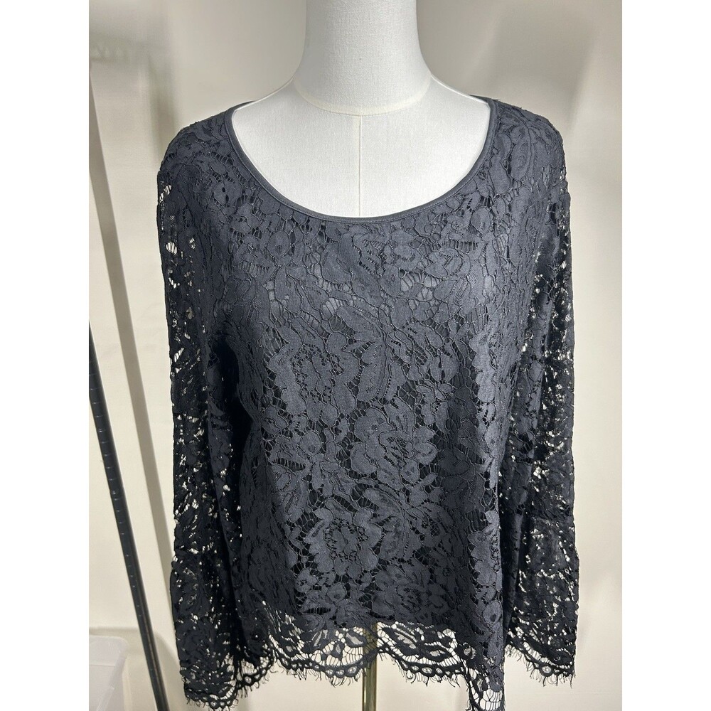 Zac Rachel Womens Blouse Medium Black Lace Bell Sleeves Fully Lined NEW 102